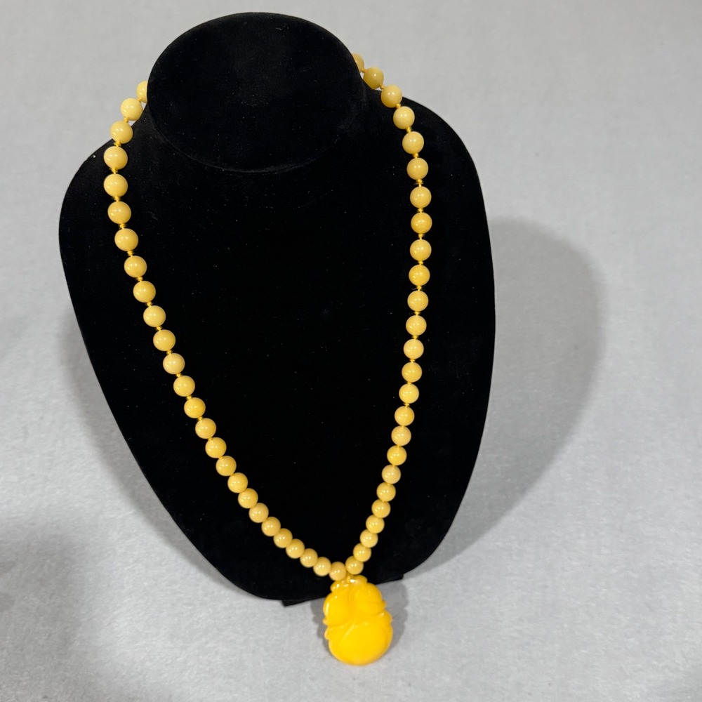 Yellow Jade Necklace Women Yellow Chinese Export Carved Peach Pendant Knotted